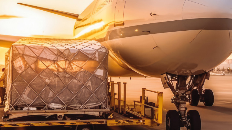 Neben einem Flugzeug steht Luftfracht, die verladen wird