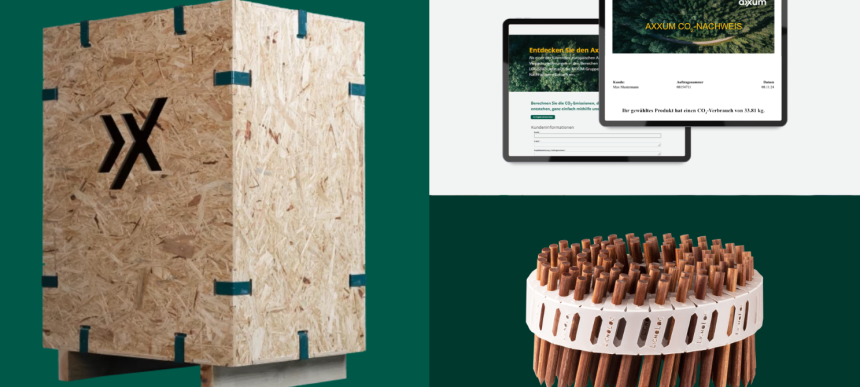 Links die kliXXkiste von AXXUM aus OSB-Platten, rechts oben zwei digitale Geräte mit dem CO2-Kalkulator von AXXUM als Bildschirmdarstellung und unten rechts eine runde Anordnung von LignoLoc® Holznägeln.